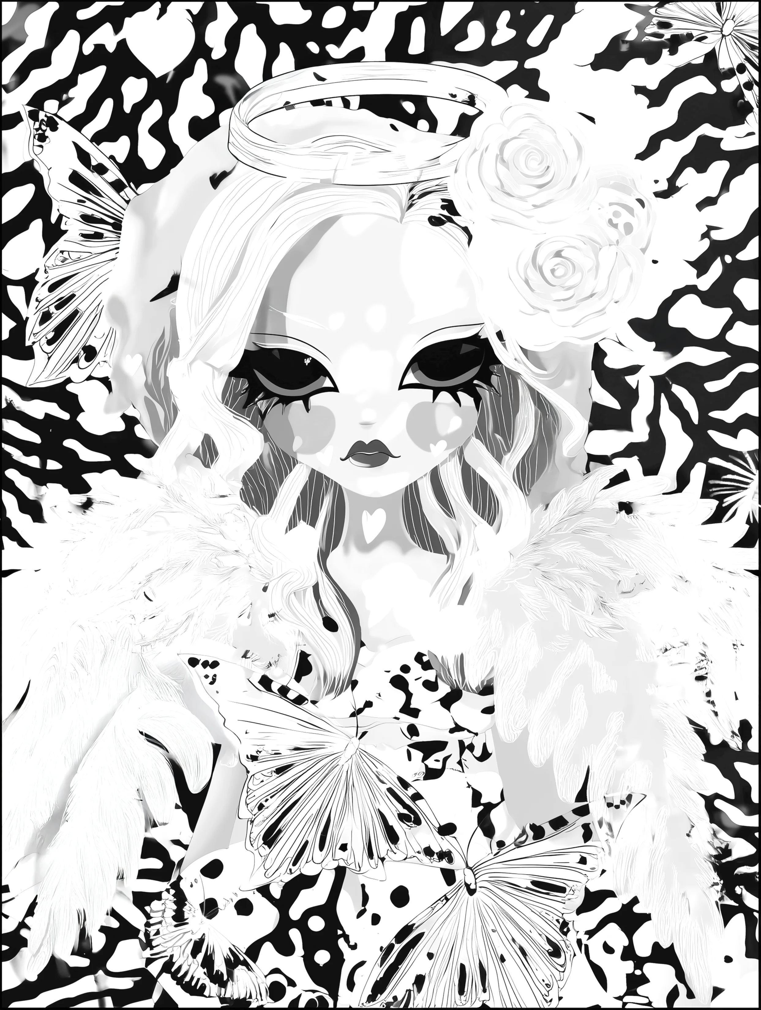 Free printable angel coloring page for adults featuring floral angel with fluffy wings